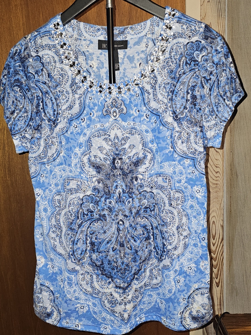 INC International Concepts Blue Paisley Embellished Short Sleeve Top